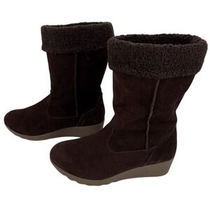 Lands' End Women's Suede Boots Brown 9D Faux Fur Lining Wedge Snow‎ Winter EUC